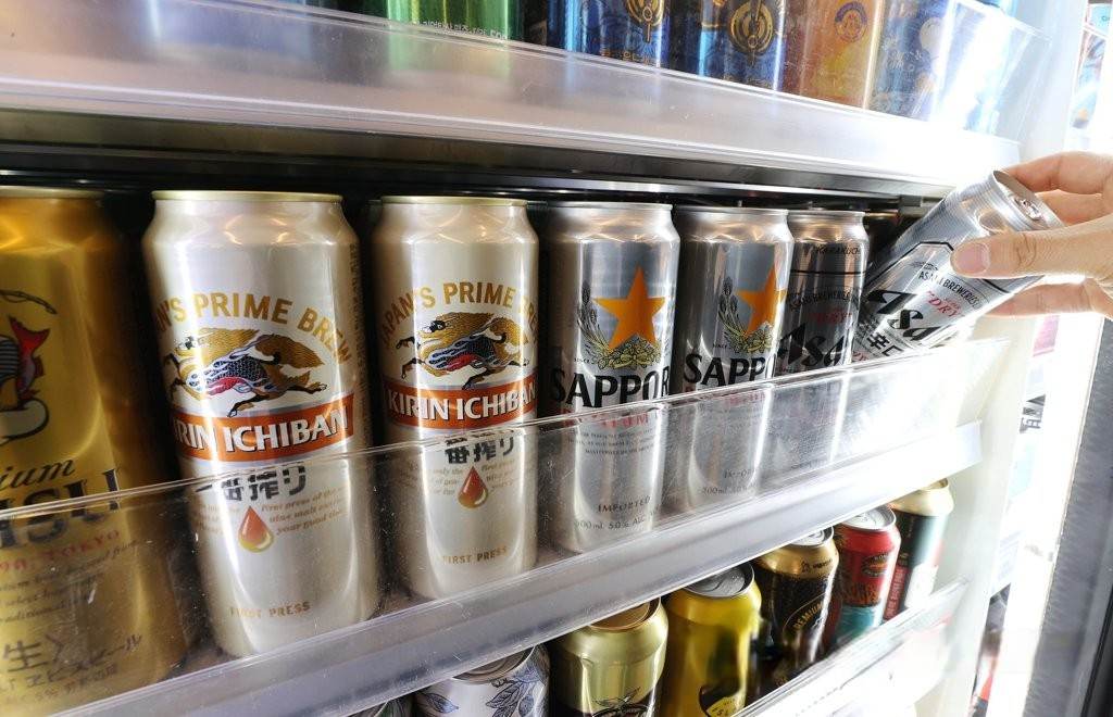 Cans of Japanese beer are displayed at a convenience store in central Seoul, in this file photo taken March 7. (Yonhap)