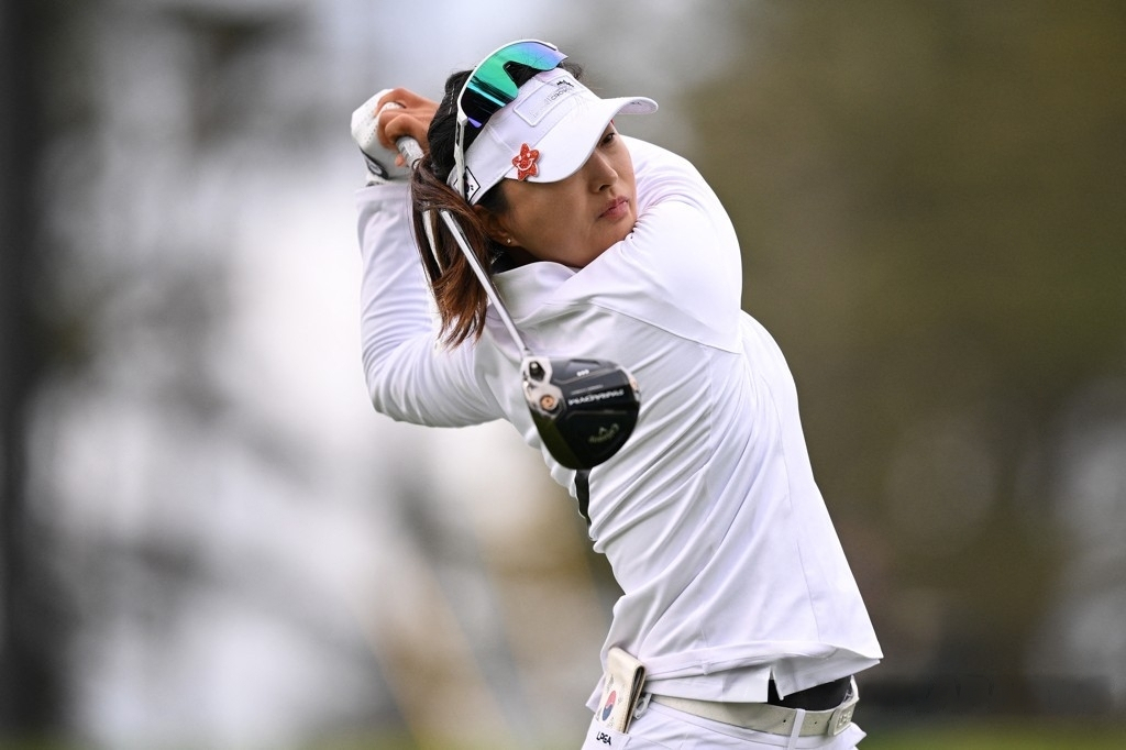 In this Getty Images photo, Ko Jin-young of South Korea tees off on the 15th hole during the third day of the International Crown at TPC Harding Park in San Francisco on Saturday . (Yonhap)