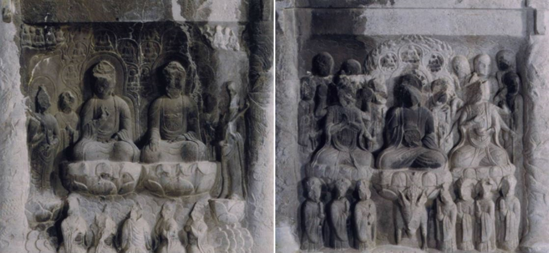 Second (left) and third story of the Gyeongcheonsa Temple's ten-story pagoda, which depict scenes of Buddhist services (NMK)
