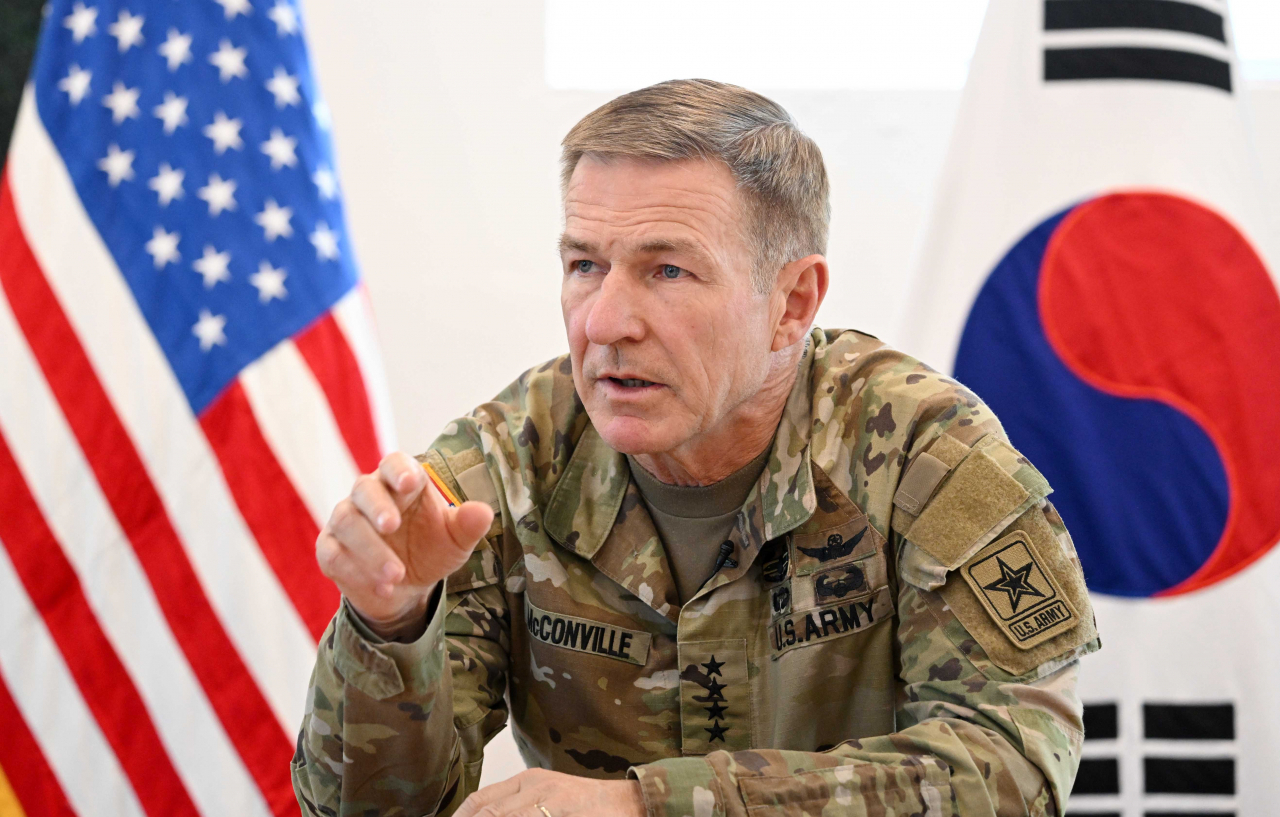 Gen. James McConville, chief of staff of the United States Army, speaks Tuesday at Camp Bonifas, a post of the United Nations Command in the Demilitarized Zone that separates the two Koreas. (Lee Sang-sub/The Korea Herald)