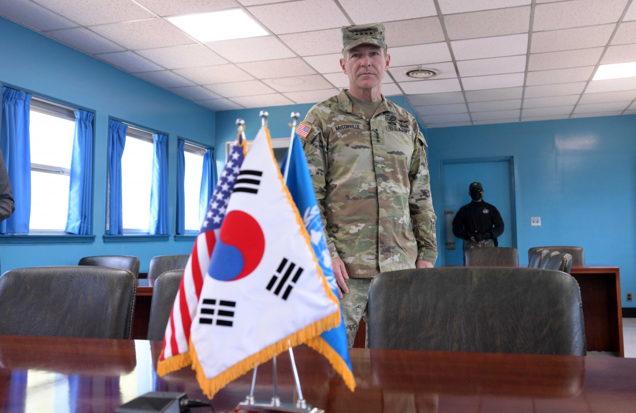 Chief of Staff of the United States Army Gen. James McConville is briefed on the security situation of the Korean Peninsula on Tuesday at the conference building of the United Nations Command Military Armistice Commission straddling the inter-Korean border in the Joint Security Area. (Lee Sang-sub/The Korea Herald)