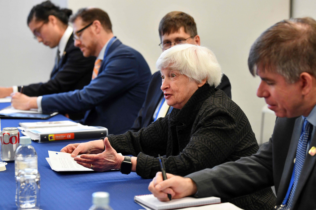 US Treasury Secretary Janet Yellen (2nd R) speaks during a meeting with Japan's Finance Minister Shunichi Suzuki at the G7 Finance Ministers and Central Bank Governors' Meeting at Toki Messe in Niigata on May 13, 2023. (AFP)