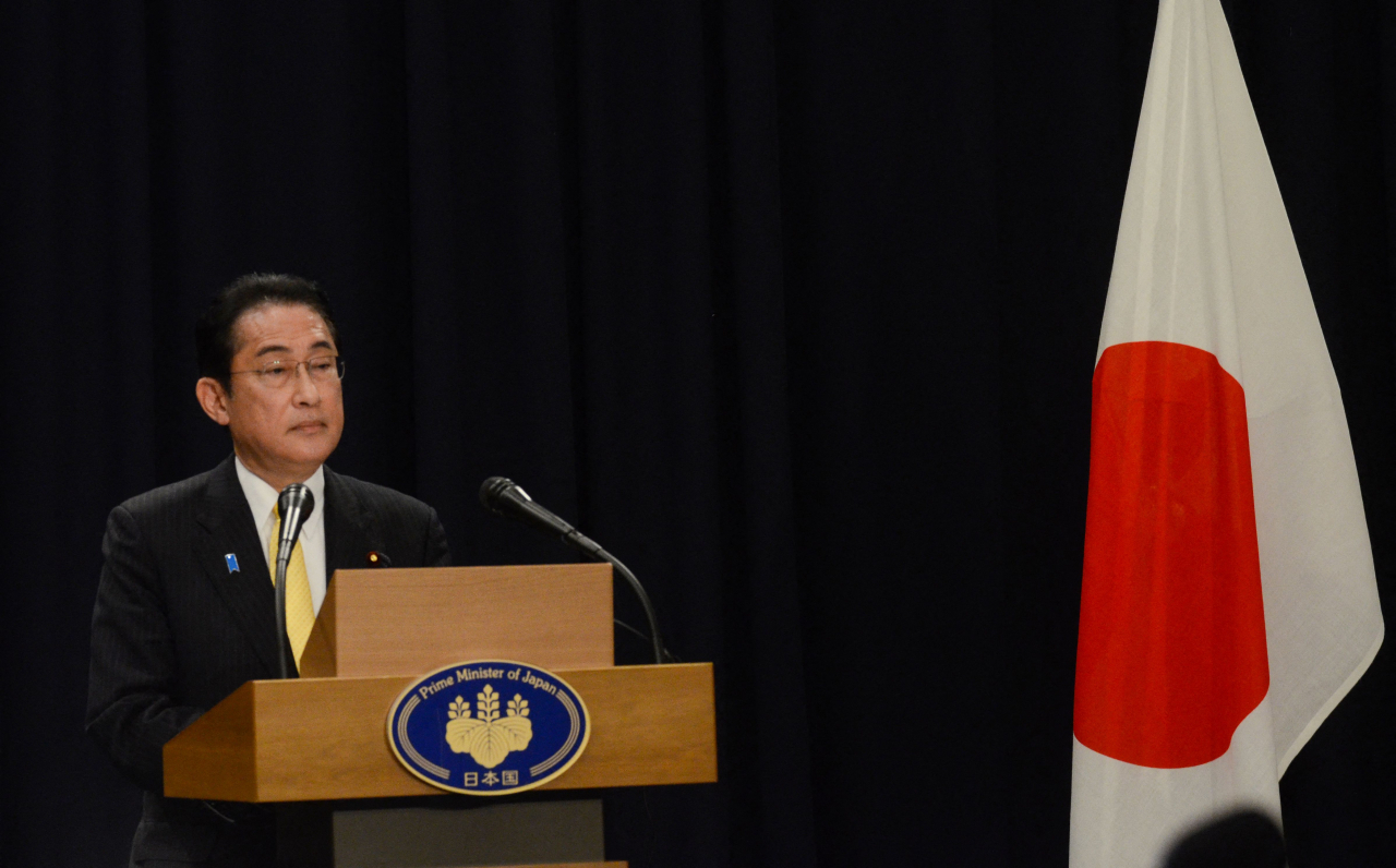 Japan's Prime Minister Fumio Kishida speaks during a press conference after a meeting with Mozambique's President Filipe Nyusi in Maputo, Mozambique, on May 4, 2023. (AFP-Yonhap)