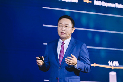 David Wang, executive director of the board and chairman of ICT infrastructure, managing board of Huawei delivers a presentation during the Huawei Asia Pacific Partners Conference 2023 held at Shangri-La Hotel in Shenzhen, China, Wednesday. (Huawei Technologies)