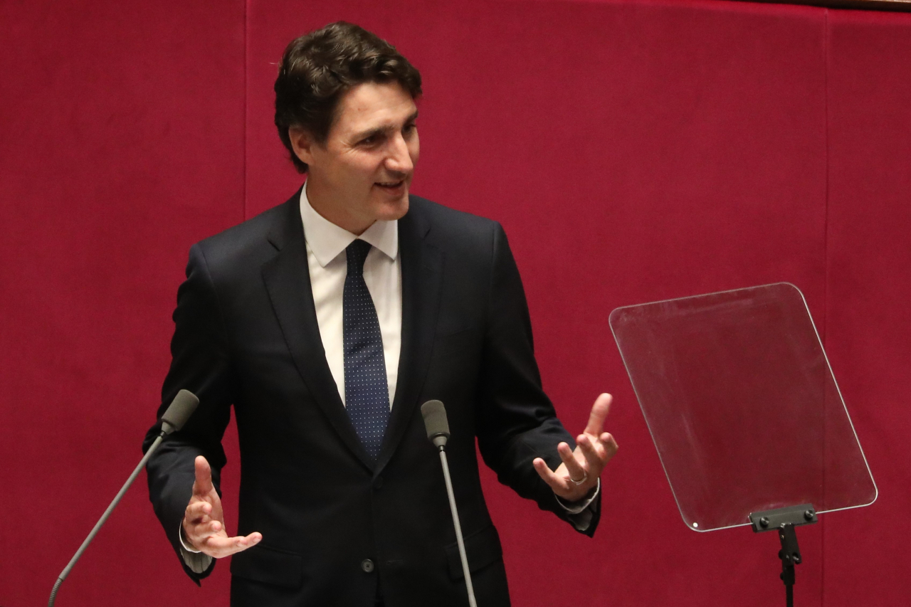 Canadian Prime Minister Justin Trudeau delivers an address to the South Korean National Assembly on Wednessday. (Yonhap)