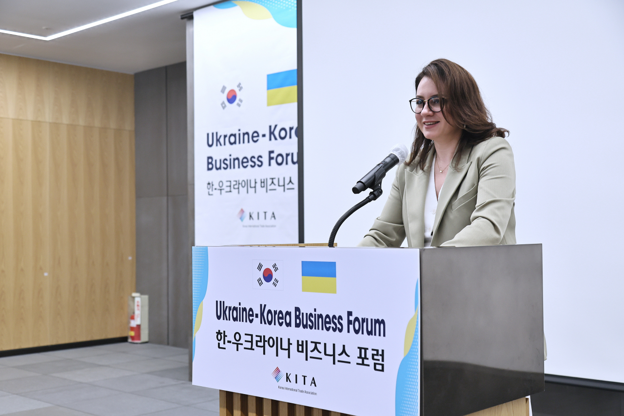 This photo, provided by the Korea International Trade Association, shows Ukraine's First Vice Prime Minister Yulia Svyrydenko delivering a speech during a forum in Seoul on May 17, 2023. (Yonhap)