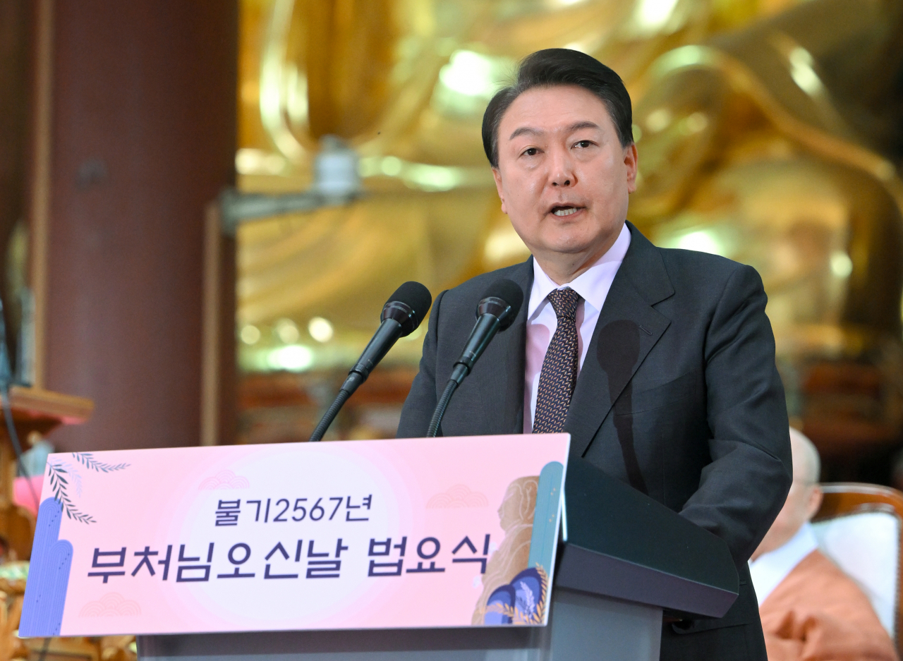President Yoon Suk Yeol speaks at a Buddha's birthday event held at Jogyesa in central Seoul, Saturday. (Presidential office)