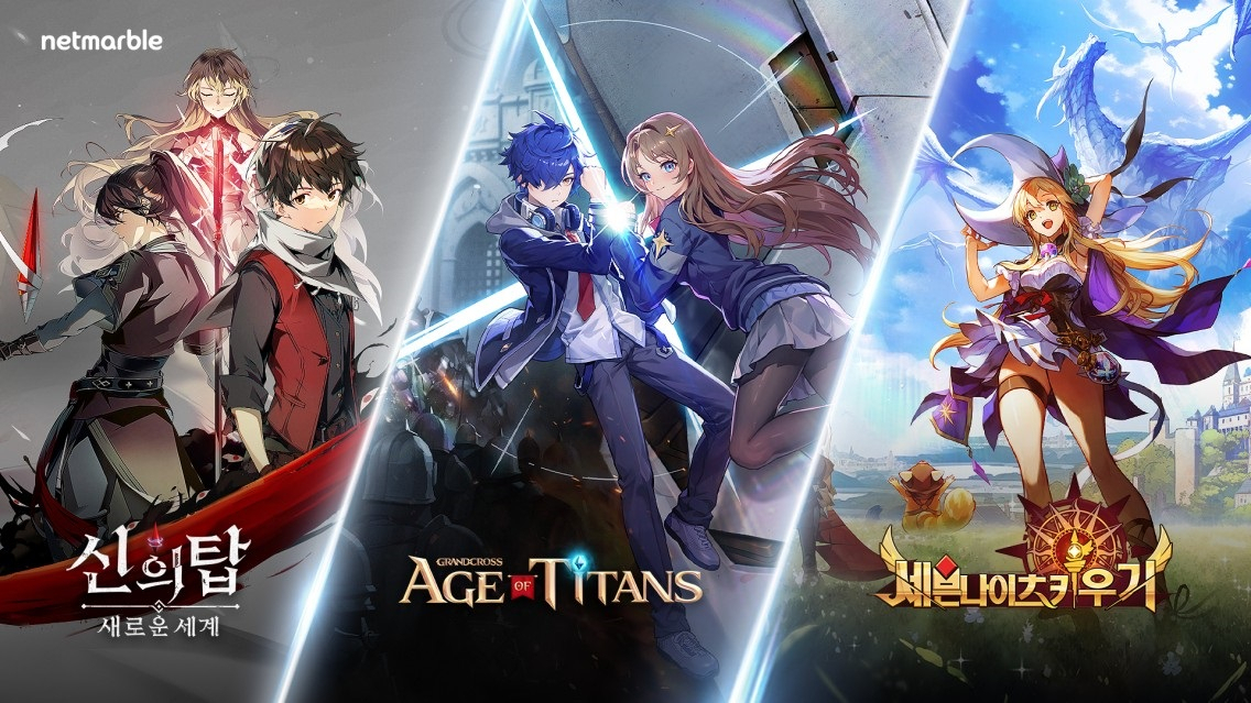 (From left) Posters of Netmarble's three upcoming games: Tower Of God: New World, Grand Cross: Age of Titans, and Seven Knights Idle Adventure (Netmarble)