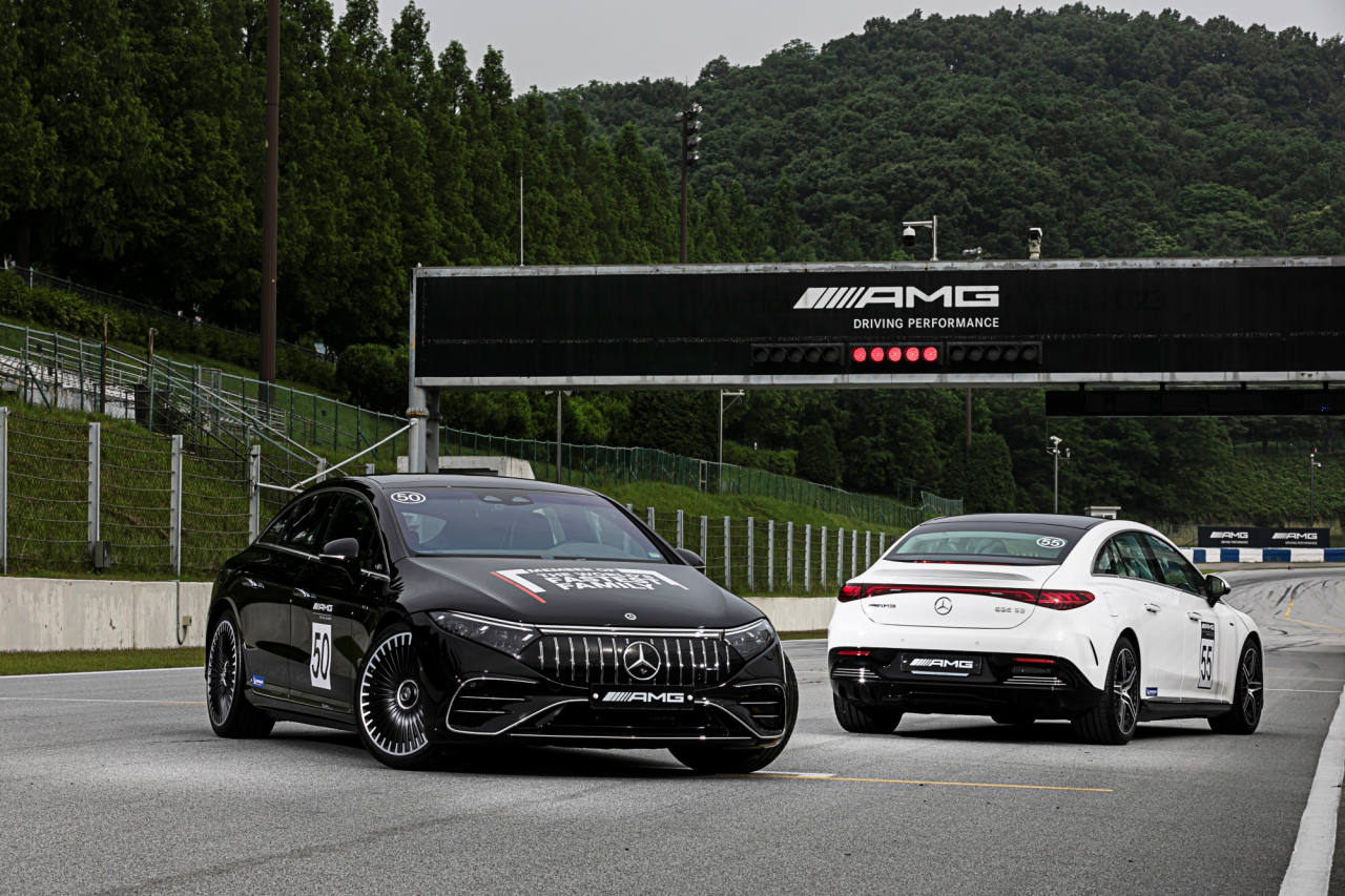 Mercedes-Benz Korea holds a test drive event for the Mercedes-AMG EQE 53 4Matic+ and Mercedes-AMG EQS 4Matic+ for local media at the AMG Speedway in Yongin, Gyeonggi Province, Friday. (Mercedes-Benz Korea)