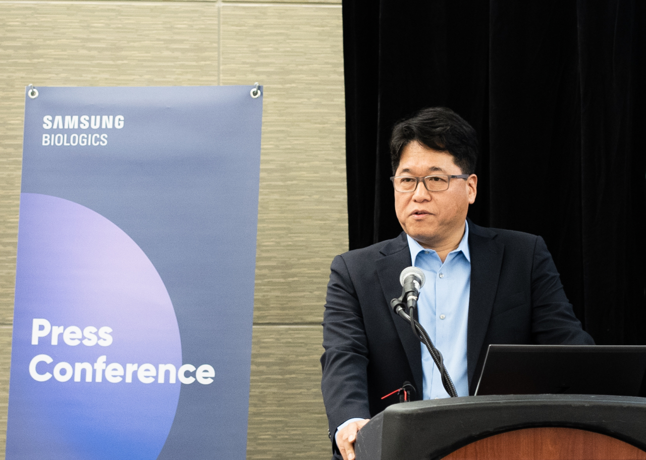 Chung Nam-jin, executive vice president and head of the Bio R&D Center at Samsung Biologics, speaks at a press conference in Boston on Wednesday. (Samsung Biologics)