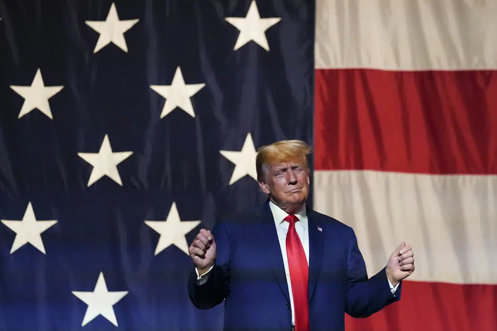 Former President Donald Trump speaks at the Georgia Republican convention on Saturday, in Columbus, Ga. (AP Photo/John Bazemore)