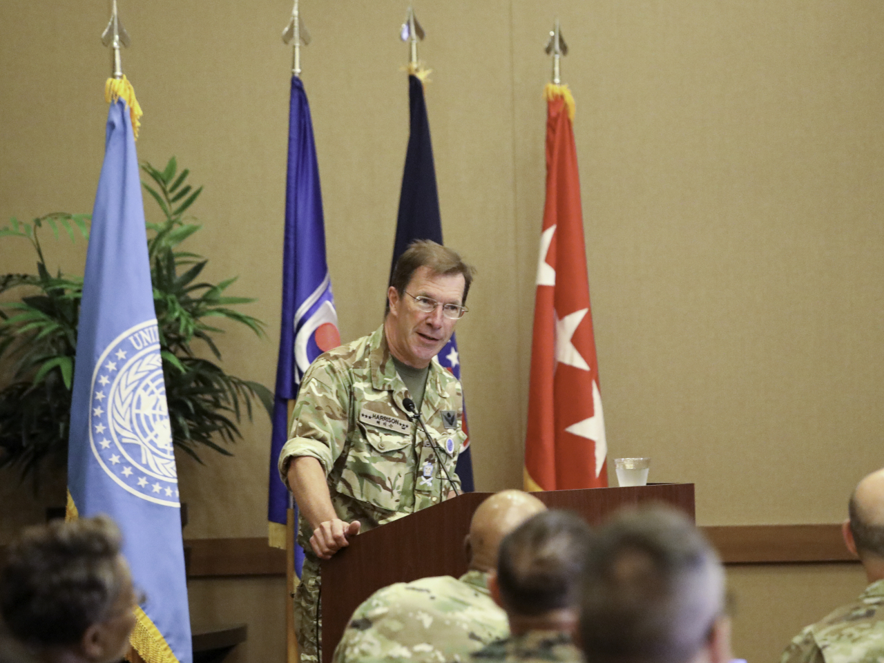 British Lt. Gen. Andrew Harrison, the deputy commander of the United Nations Command, delivers his opening speech on Tuesday during the inaugural Women, Peace, and Security Symposium jointly organized by the United States Forces Korea, United Nations Command and Combined Forces Command in Pyeongtaek, Gyeonggi Province. (Photo - United States Forces Korea)
