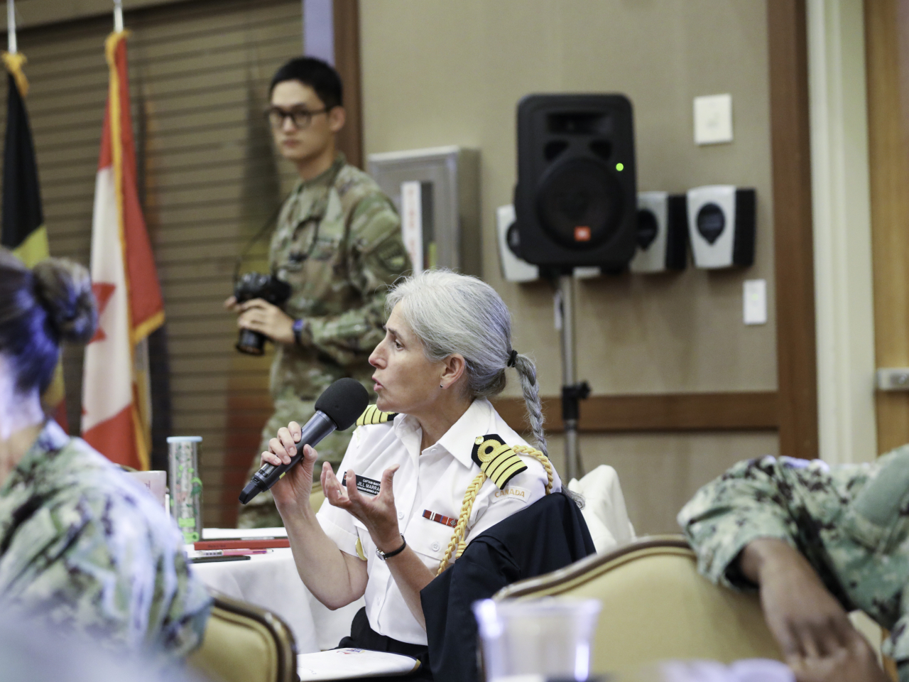 A participant speaks at the Women, Peace, and Security Symposium, jointly organized by the United States Forces Korea, United Nations Command and Combined Forces Command at the US Army's Camp Humphreys in Pyeongtaek, Gyeonggi Province, Tuesday. (Photo - United States Forces Korea)