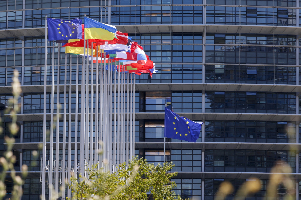 European flags wave in front of the European Parliament in Strasbourg, France, Tuesday. (EPA-Yonhap)