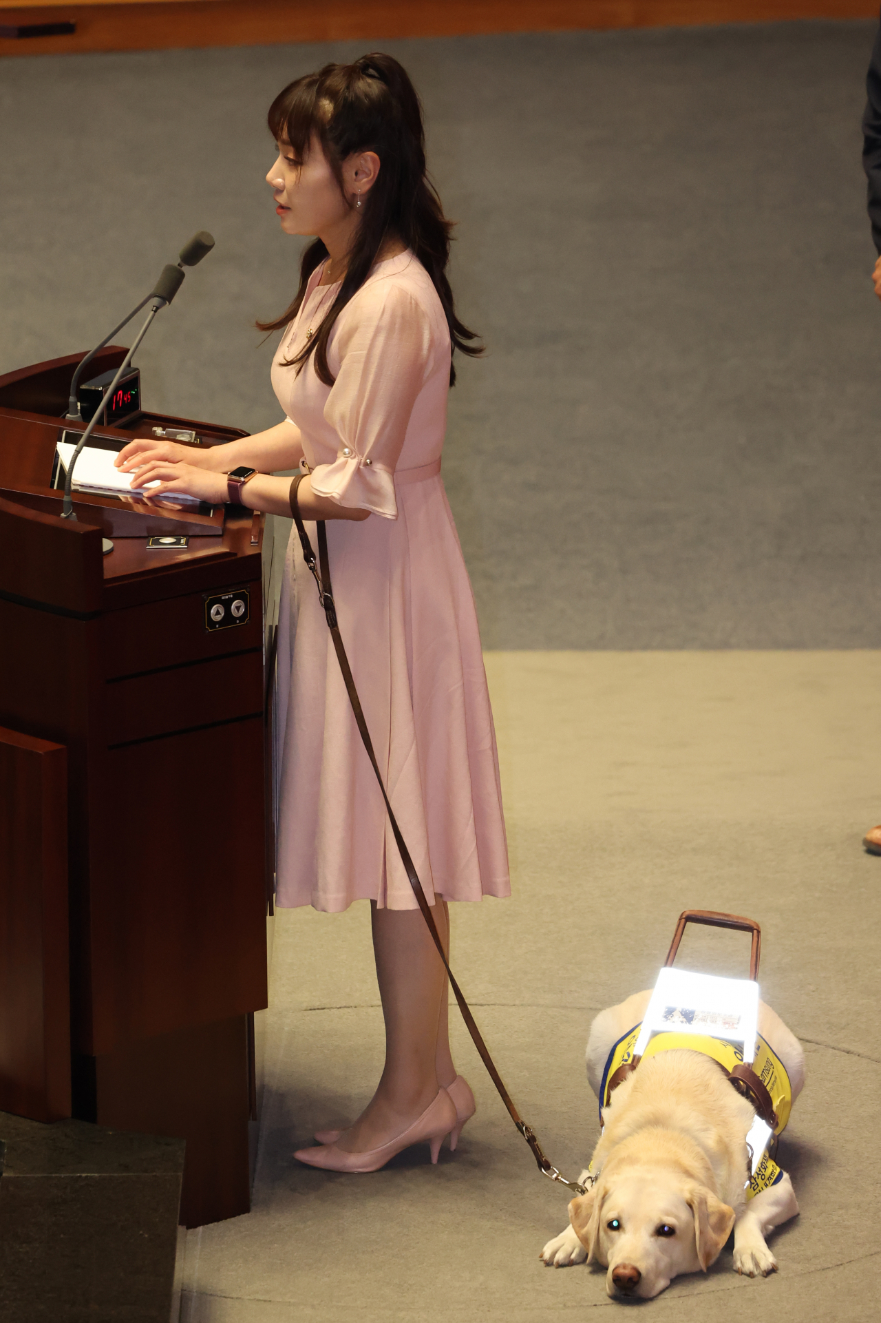 People Power Party Rep. Kim Yea-ji seeks an answer from Justice Minister Han Dong-hoon during a plenary session at the National Assembly in Seoul on Wednesday with her guide dog Joy. (Yonhap)