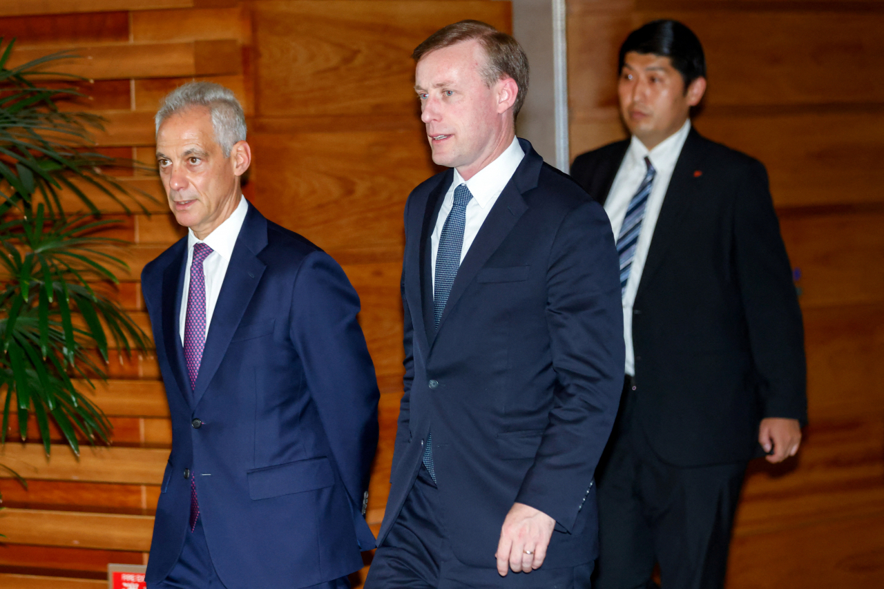 US White House National Security Advisor Jake Sullivan, who traveled to Japan for a meeting with his counterparts from Japan, South Korea and the Philippines, is accompanied by US Ambassador to Japan Rahm Emanuel as he leaves the prime minister's office after meeting with Japanese Prime Minister Fumio Kishida, in Tokyo, Japan, Thursday. Reuters-Yonhap