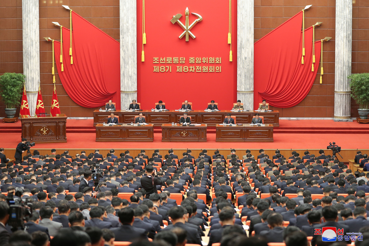 This photo released by the North's Korean Central News Agency on Saturday, shows a plenary session of the 8th Central Committee of the Workers' Party of Korea being held at the committee's headquarters in Pyongyang the previous day. (Yonhap)