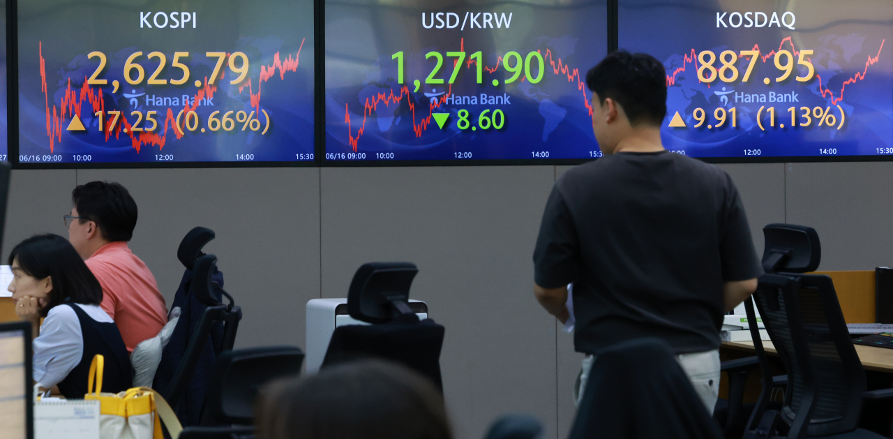 This photo shows information on South Korea's stocks and currency movements on an electronic signboard at a Hana Bank dealing room in Seoul, Friday. (Yonhap)