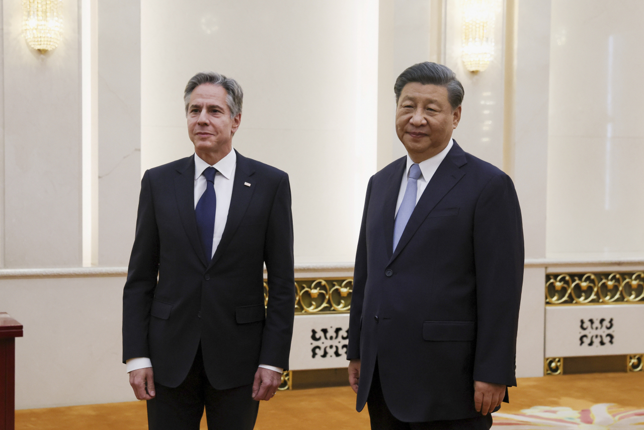 US Secretary of State Antony Blinken meets with Chinese President Xi Jinping in the Great Hall of the People in Beijing, China, on Monday. (AP)