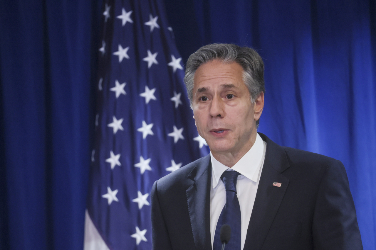 US Secretary of State Antony Blinken holds a news conference in the Beijing American Center at the US Embassy in Beijing, China, on Monday. (AP)