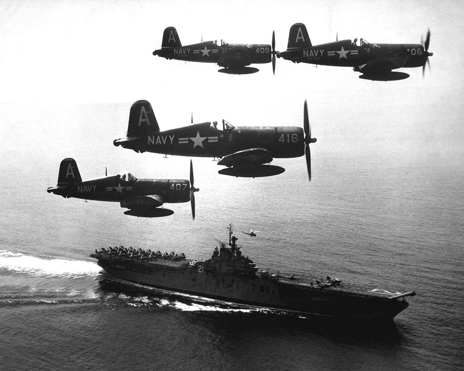 Corsairs returning from a combat mission over North Korea circle USS Boxer as they wait for planes in the next strike to launch, Sept. 4, 1951. (US Navy/ National Archives and Records Administration)