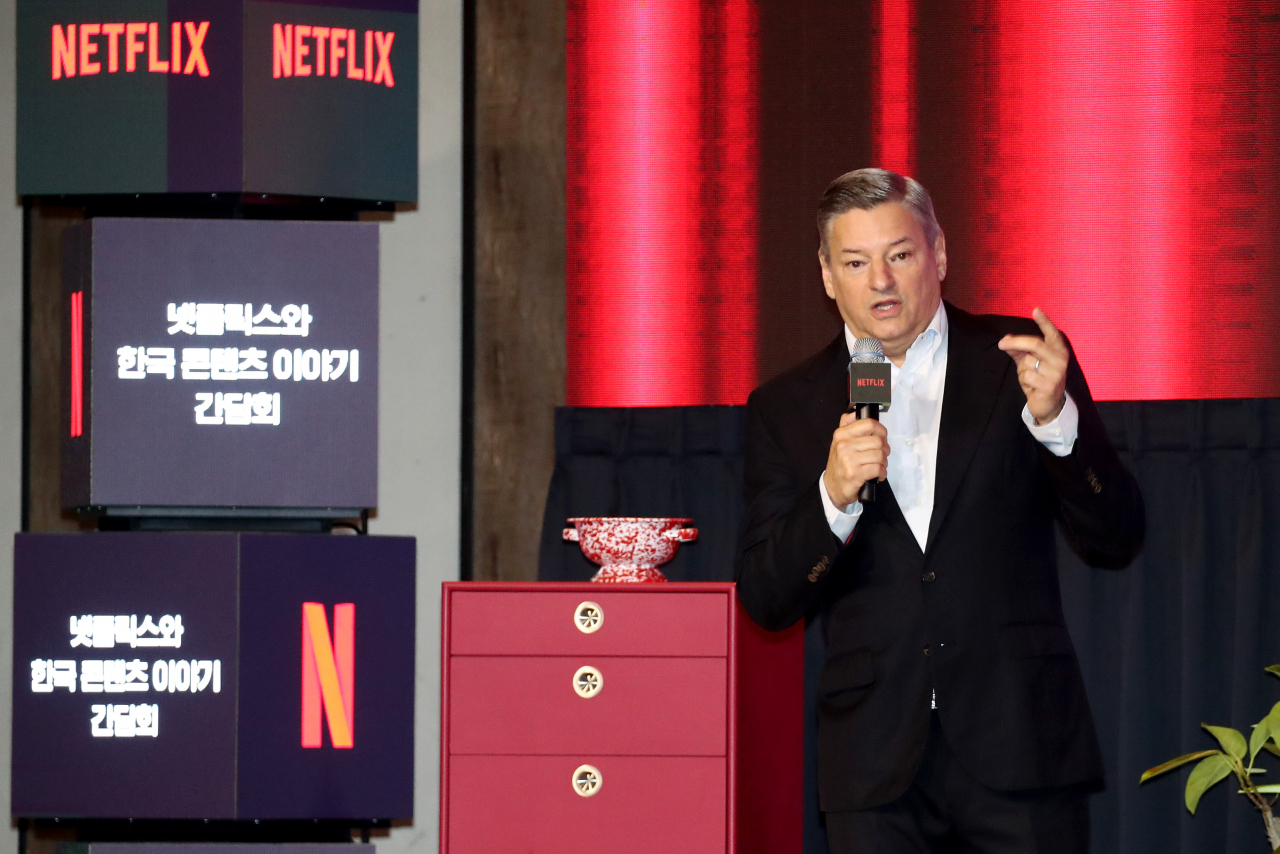 Netflix co-CEO Ted Sarandos speaks during a press conference held at Four Seasons Hotel in Seoul, Thursday. (Yonhap)