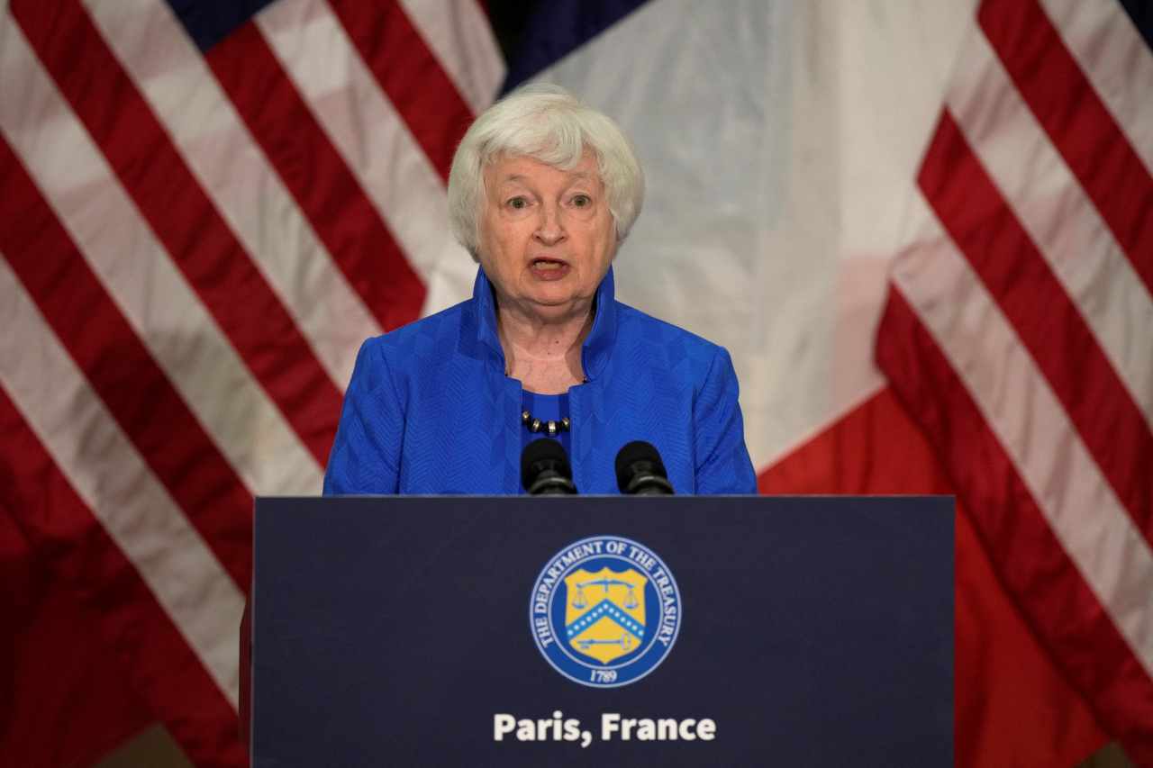 US Treasury Secretary Janet Yellen delivers her speech at the U.S embassy to France, ahead of the Global Climate Finance conference, in Paris, France June 22, 2023 World leaders, heads of international organizations and activists are gathering in Paris for a two-day summit aimed at seeking better responses to tackle poverty and climate change issues by reshaping the global financial system. (Photo - Reuters)