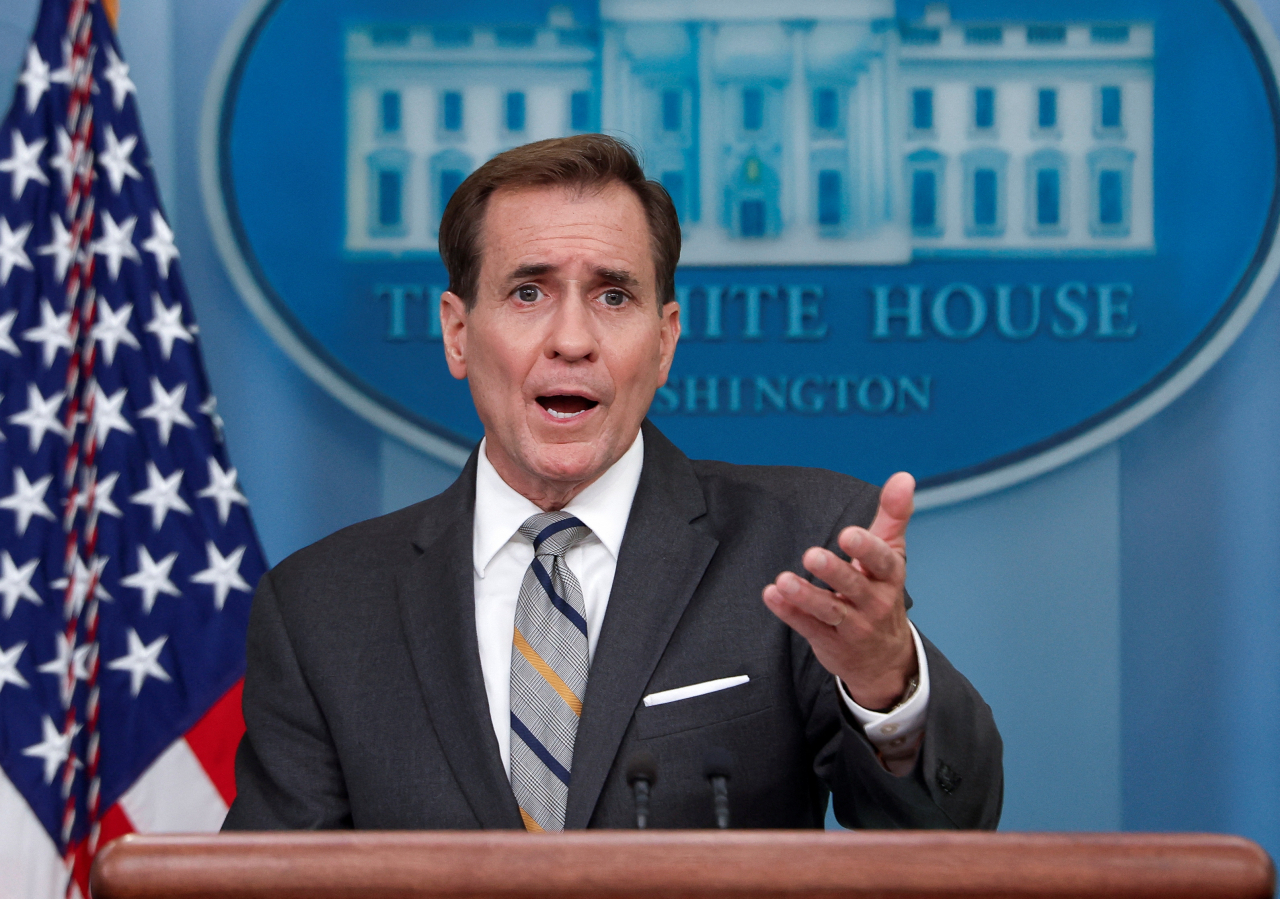 National Security Council Coordinator for Strategic Communications John Kirby speaks during the daily press briefing at the White House in Washington Friday. (Reuters-Yonhap)