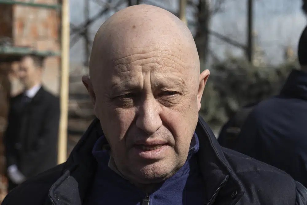 Yevgeny Prigozhin, the owner of the Wagner Group military company, arrives during a funeral ceremony at the Troyekurovskoye cemetery in Moscow, Russia, on April 8. On Friday, Prigozhin made his most direct challenge to the Kremlin yet, calling for an armed rebellion aimed at ousting Russia’s defense minister. The security services reacted immediately by calling for his arrest. (AP Photo)