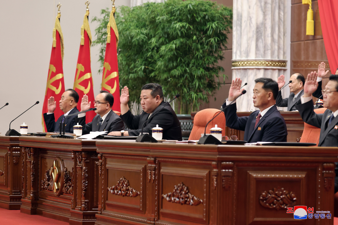 This photo shows a plenary meeting of the eighth Central Committee of the ruling Workers' Party of Korea taking place, with leader Kim Jong-un in attendance on June 19. The three-day meeting took place from June 16-18. (KCNA)