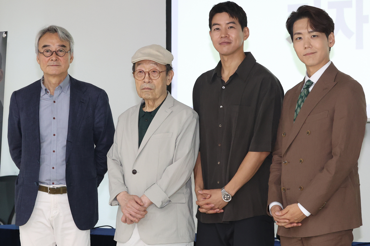 (From left) Nam Myeong-ryeol, Shin Gu, Lee Sang-yun and Kai pose for a group photo after a press conference in Jongno-gu, central Seoul, on Thursday. (Yonhap)