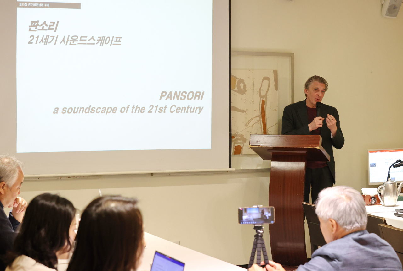 Nicolas Bourriaud, artistic director of the 15th edition of the Gwangju Biennale, speaks at a press conference in Seoul on Monday. (Yonhap)