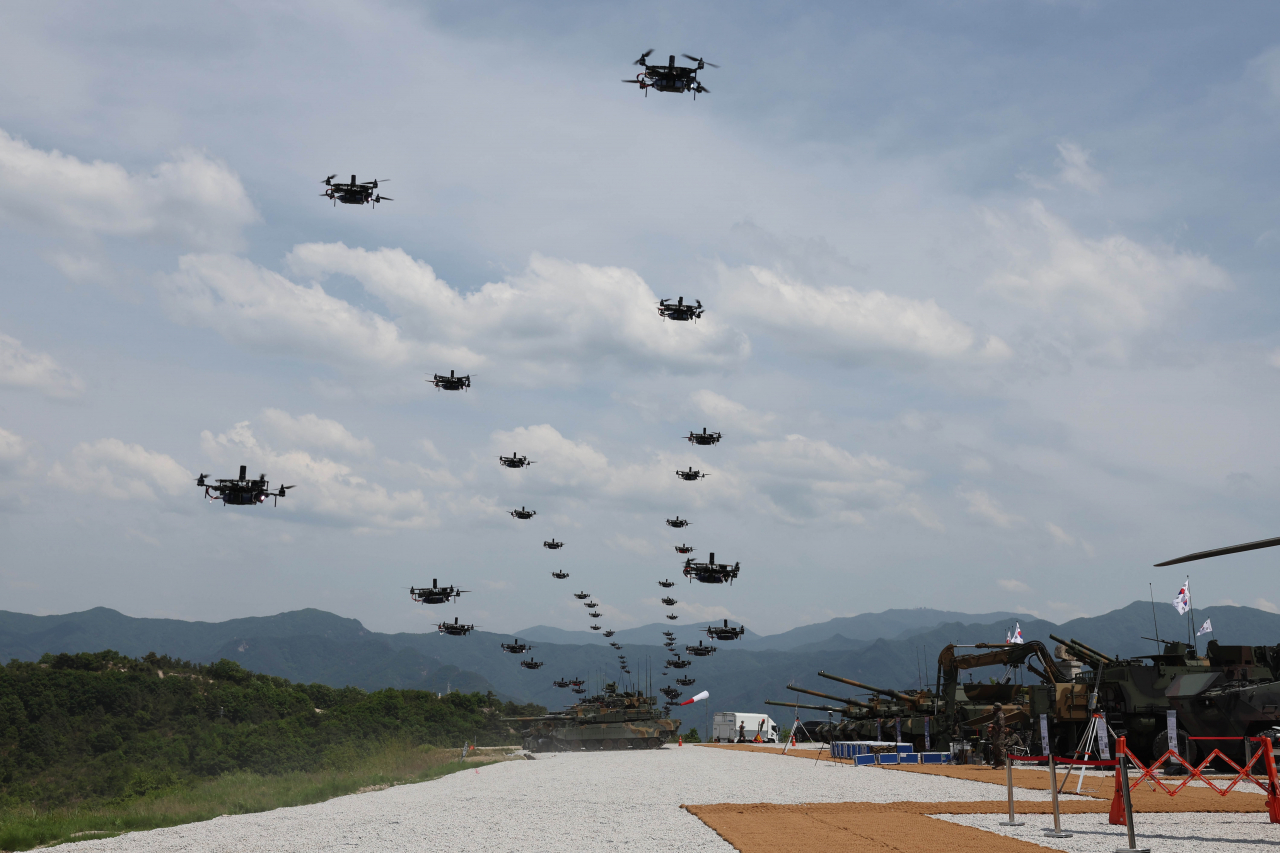 South Korea's military drones fly in formation during the Combined Joint Live-Fire Exercise between South Korea and the United States at the Seungjin Fire Training Field in Pocheon, Gyeonggi Province, just 25 kilometers south of the inter-Korean border, on May 25. (Ministry of National Defense)