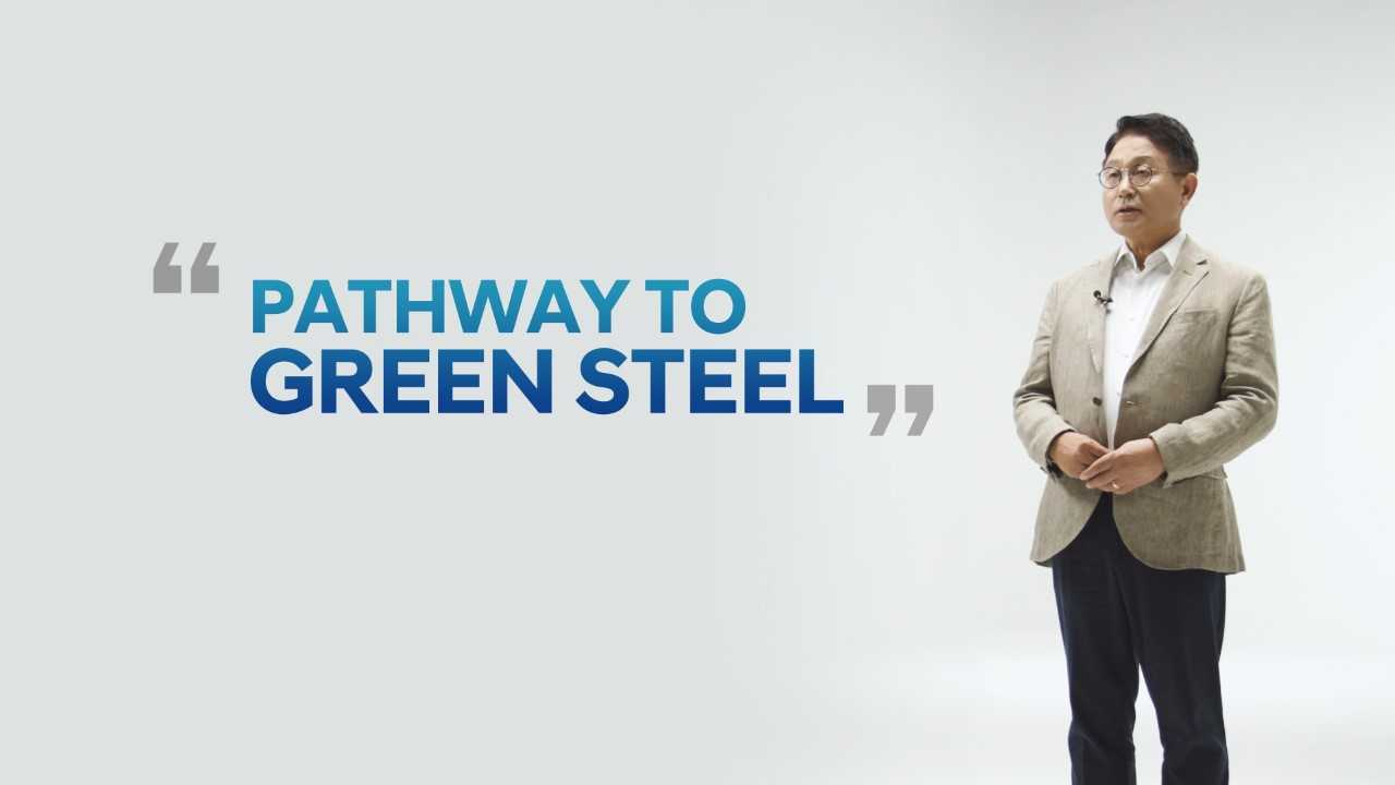 Hyundai Steel CEO An Tong-il unveils the steelmaker’s 2030 carbon neutrality road map at a video conference held in April. (Hyundai Steel)