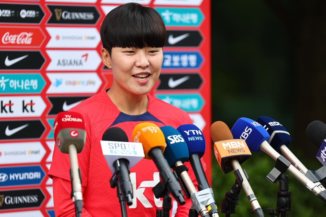 Ji So-yun, midfielder for the South Korean women's national soccer team, speaks with reporters before a training session for the FIFA Women's World Cup at the National Football Center in Paju, Gyeonggi Province, Monday. (Yonhap)