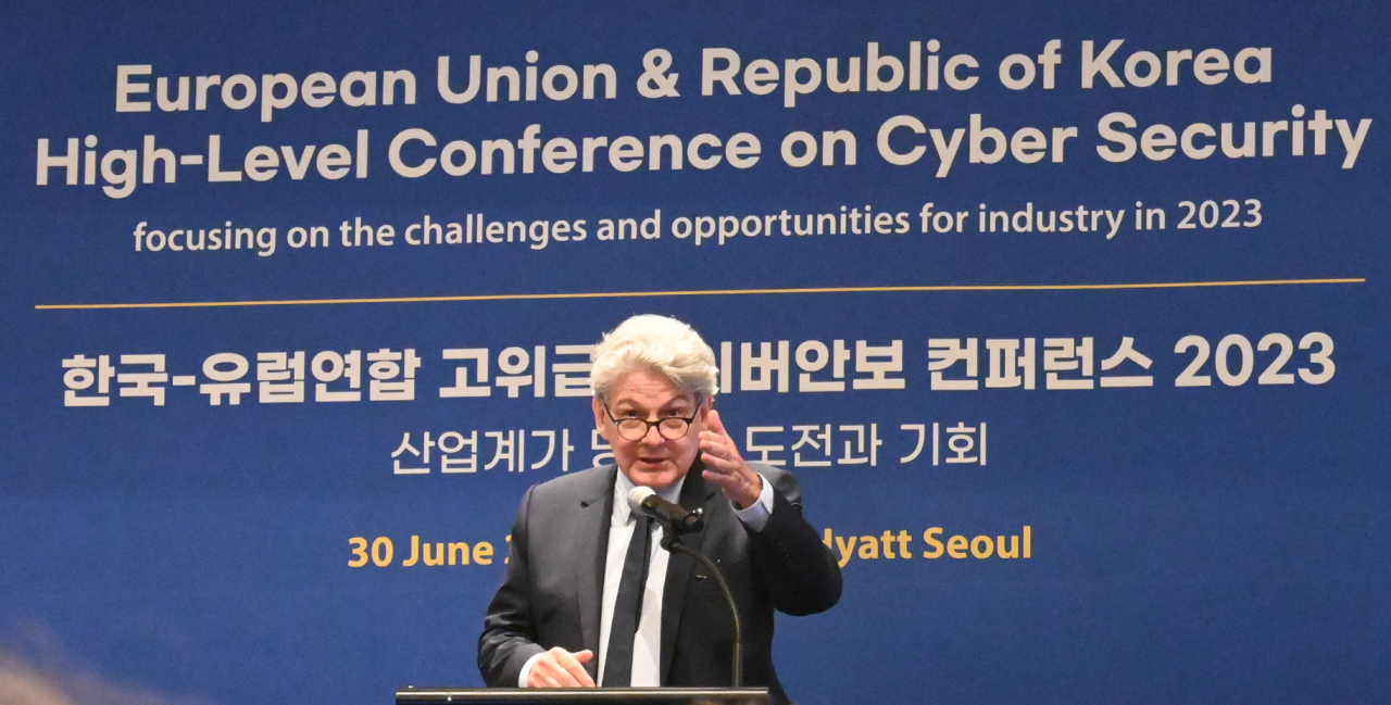Thierry Breton, European Union commissioner for the internal market, discusses cyber security in his keynote speech at the EU-Korea High-Level Conference on Cyber Security at the Grand Hyatt in Yongsan-gu, Seoul, on Thursday. (Sanjay Kumar/The Korea Herald)