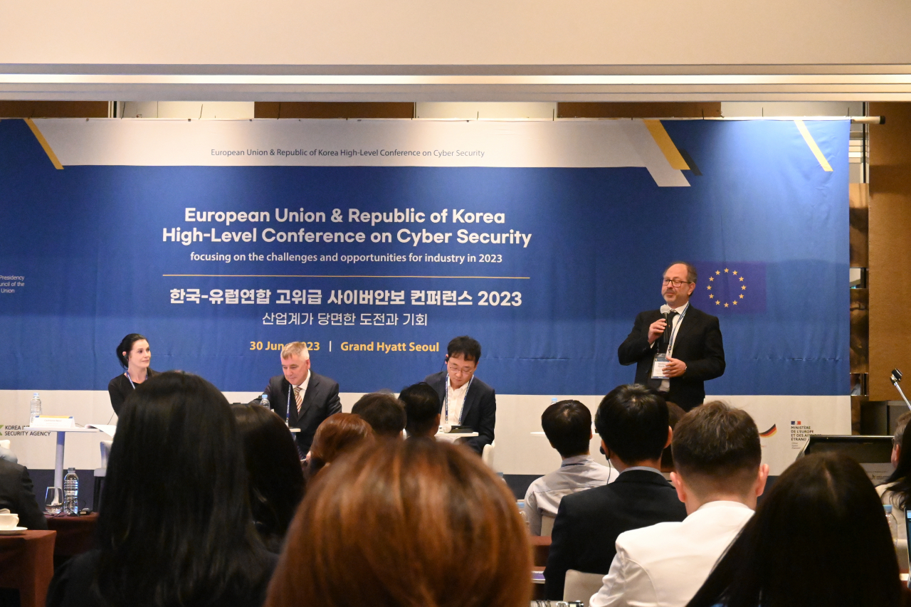 Panelists discuss Emerging technologies and their impact on cyber security in EU-Korea high-level conference on Cyber Security at Grand Hyatt, Yongsan-gu, Seoul on Thursday. (Sanjay Kumar/The Korea Herald)
