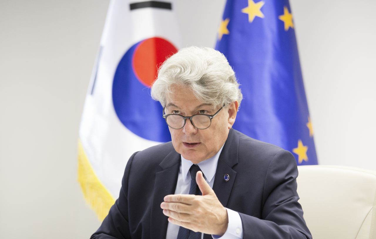 European Commissioner for Internal Market Thierry Breton speaks in an interview with The Korea Herald at the headquarters of the Delegation of the European Union to the Republic of Korea in Seoul on Friday. (Delegation of the European Union to the Republic of Korea)