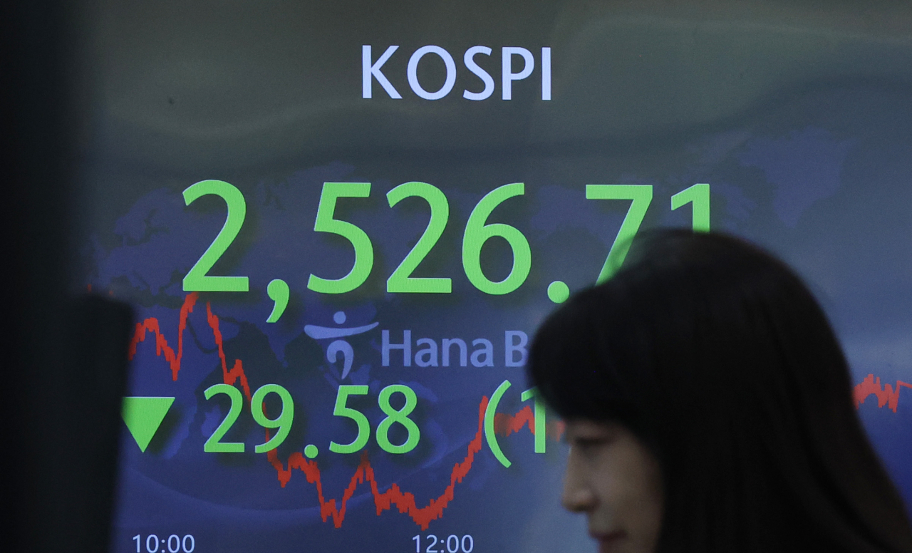 An electronic board showing the Korea Composite Stock Price Index at a dealing room of the Hana Bank headquarters in Seoul on Monday. (Yonhap