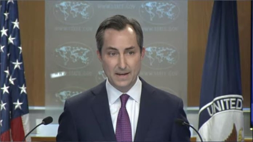 Department of State Press Secretary Matthew Miller is seen speaking during a daily press briefing at the department in Washington on Monday. (Yonhap)
