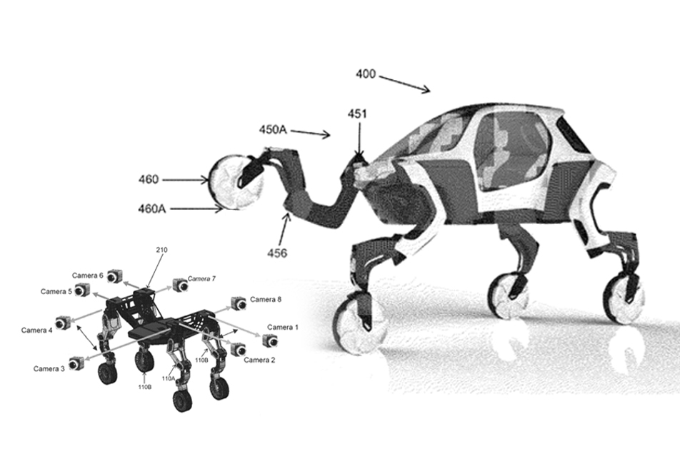 Drawings of Hyundai Motor's four-legged walking vehicle (Screen captures from the US Patent and Trademark Office)