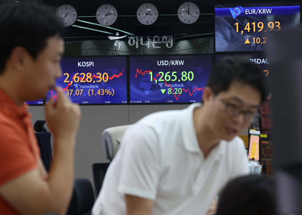 An electronic board showing the Korea Composite Stock Price Index at a dealing room of the Hana Bank headquarters in Seoul on Friday (Yonhap)
