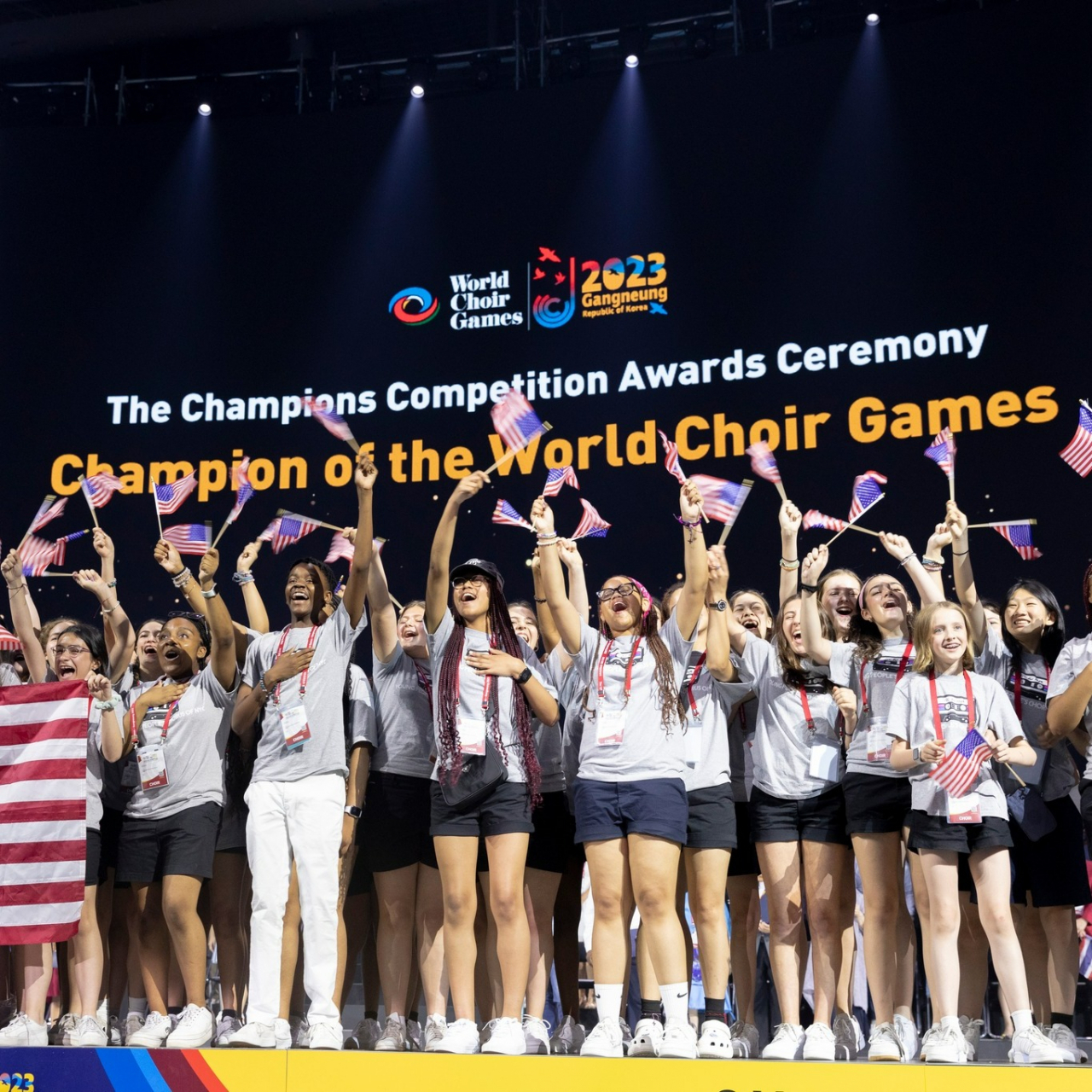 Members of the Young People’s Chorus of New York City celebrate during the awards ceremony at the 12th World Choir Games in Gangneung, Gangwon Province, July 13. (Interkultur)
