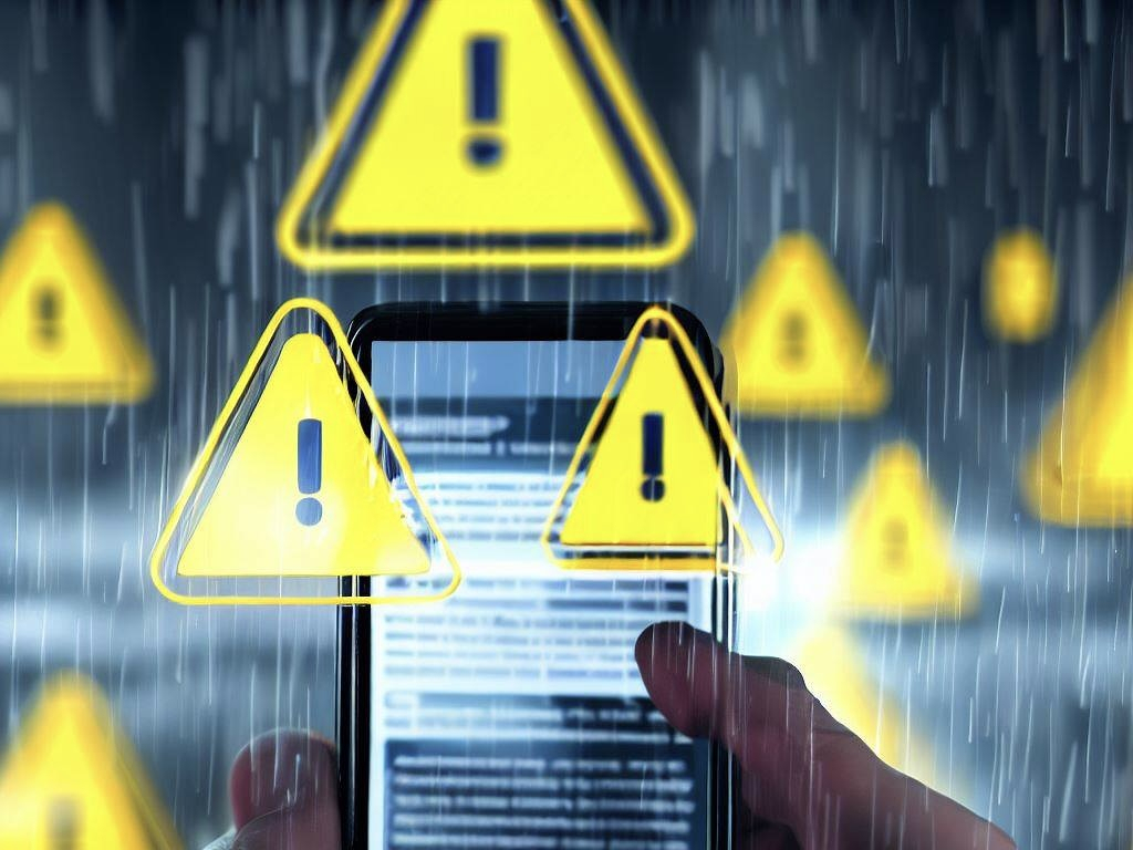 A smartphone with emergency notices is illustrated in heavy rain. (123rf)