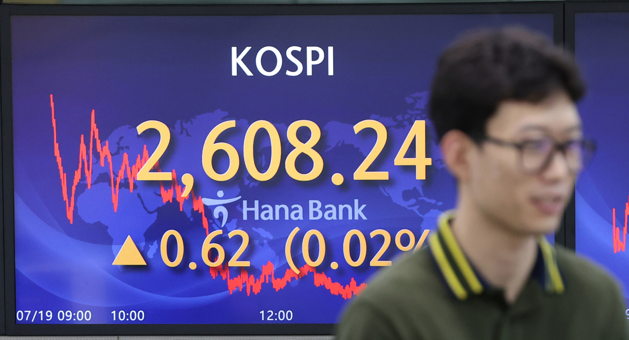 An electronic board showing the Korea Composite Stock Price Index at a dealing room of the Hana Bank headquarters in Seoul on Wednesday. (Yonhap)