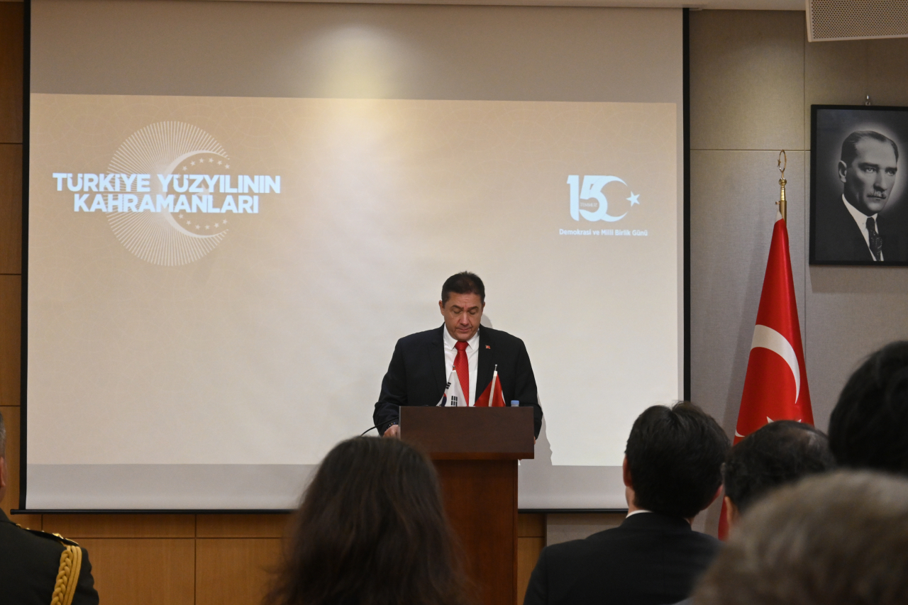 Turkish Ambassador to Korea Murat Tamer delivers remarks at an event to commemorate'Democracy and Unity Day' at Turkish Embassy in Jung-gu, Seoul on Saturday. (Sanjay Kumar/The Korea Herald)