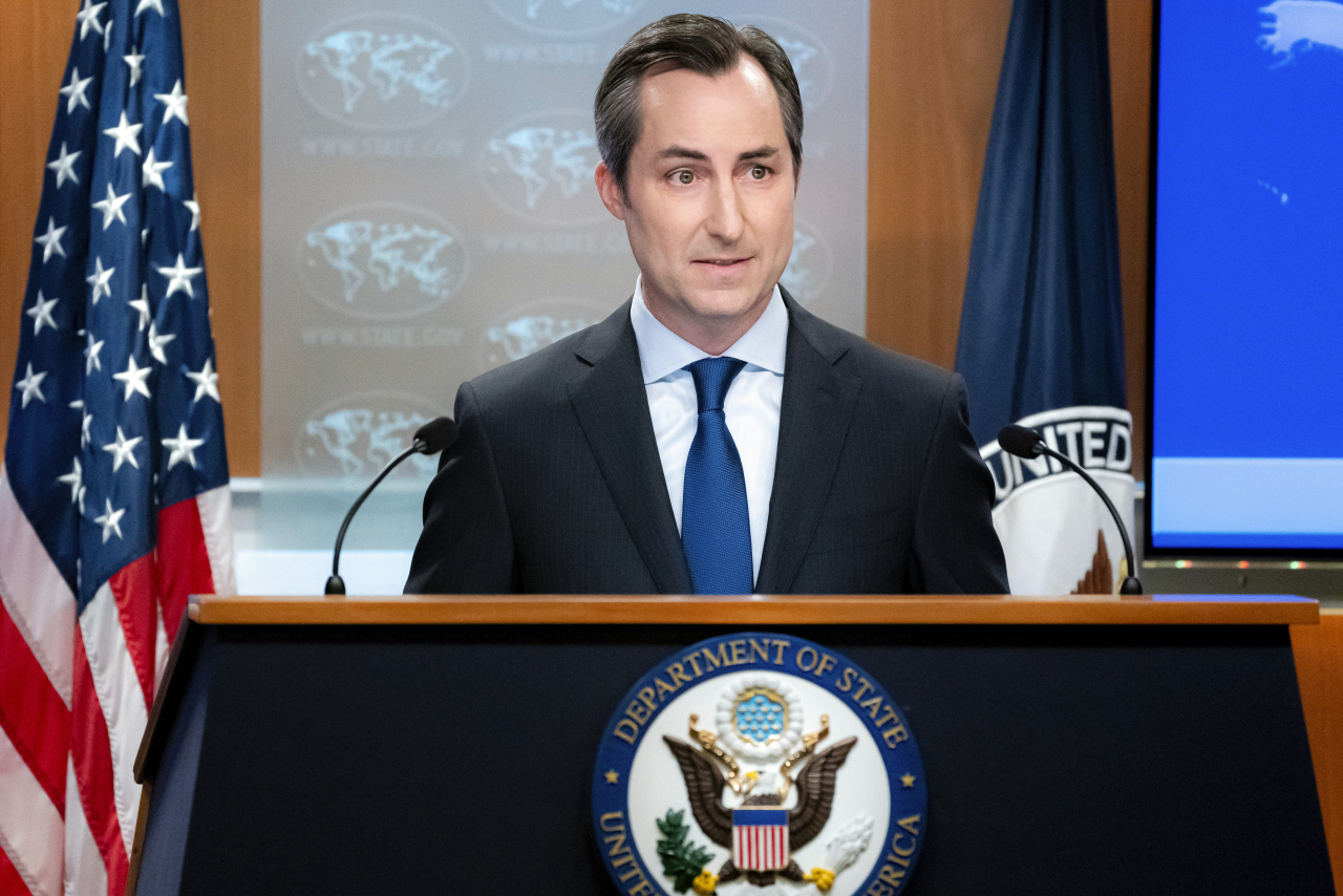 State Department spokesperson Matthew Miller answers questions about an American soldier detained in North Korea after he willfully crossed the border from South Korea during a news briefing at the State Department on Tuesday in Washington. (AP Photo/Nathan Howard)