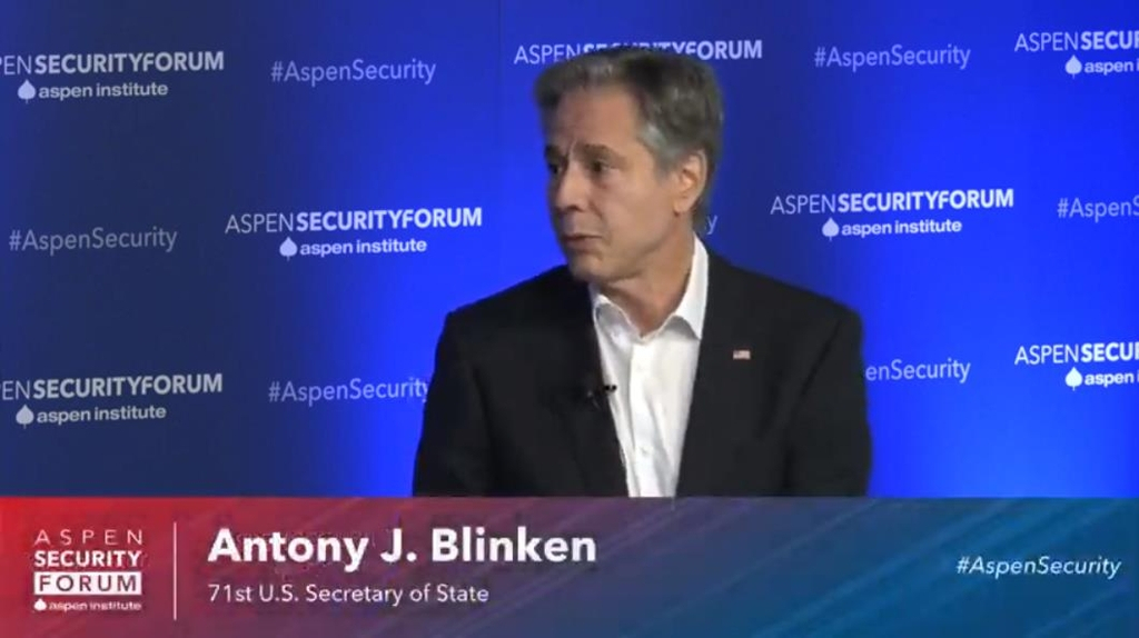 Secretary of State Antony Blinken is seen speaking at an annual security forum hosted by the Aspen Institute in Aspen, Colorado on July 21, 2023 in this captured image. (Yonhap)