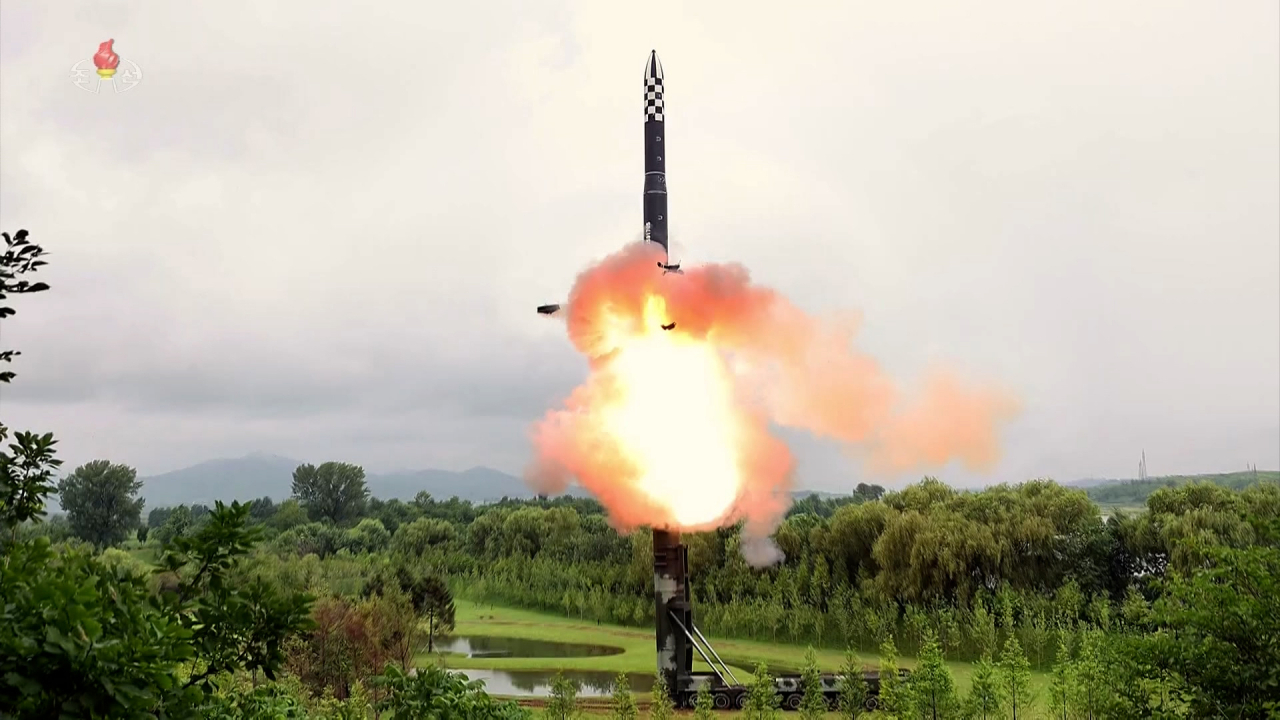 Firing of a Hwasong-18 solid-fuel intercontinental ballistic missile, July 13. (KCNA)