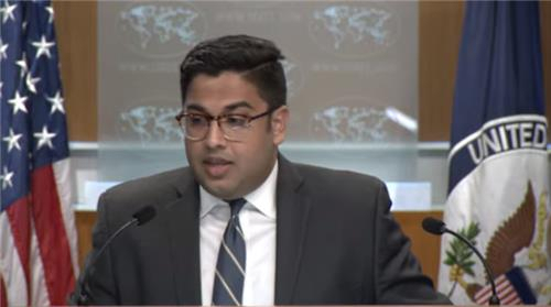 State department spokesperson Vedant Patel is seen answering questions during a daily press briefing at the department in Washington on Tuesday. (US Department of State)